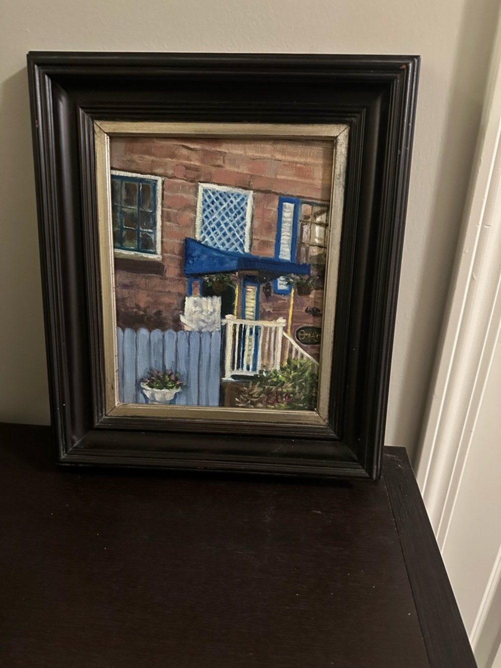 Framed Coastal Cottage Oil Painting with Blue Accents